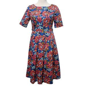 Modcloth Womens Size M Retro Blue Red Floral Print Fit Flare Side Pockets Dress